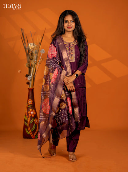 Embroidered Rayon 3pc Dark Purple Salwar Suit - Top, Bottom & Dupatta