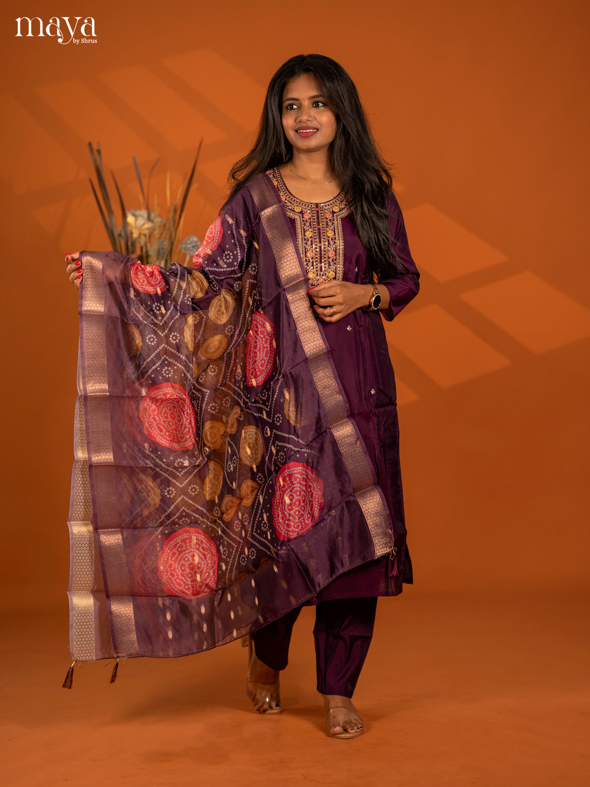 Embroidered Rayon 3pc Dark Purple Salwar Suit - Top, Bottom & Dupatta