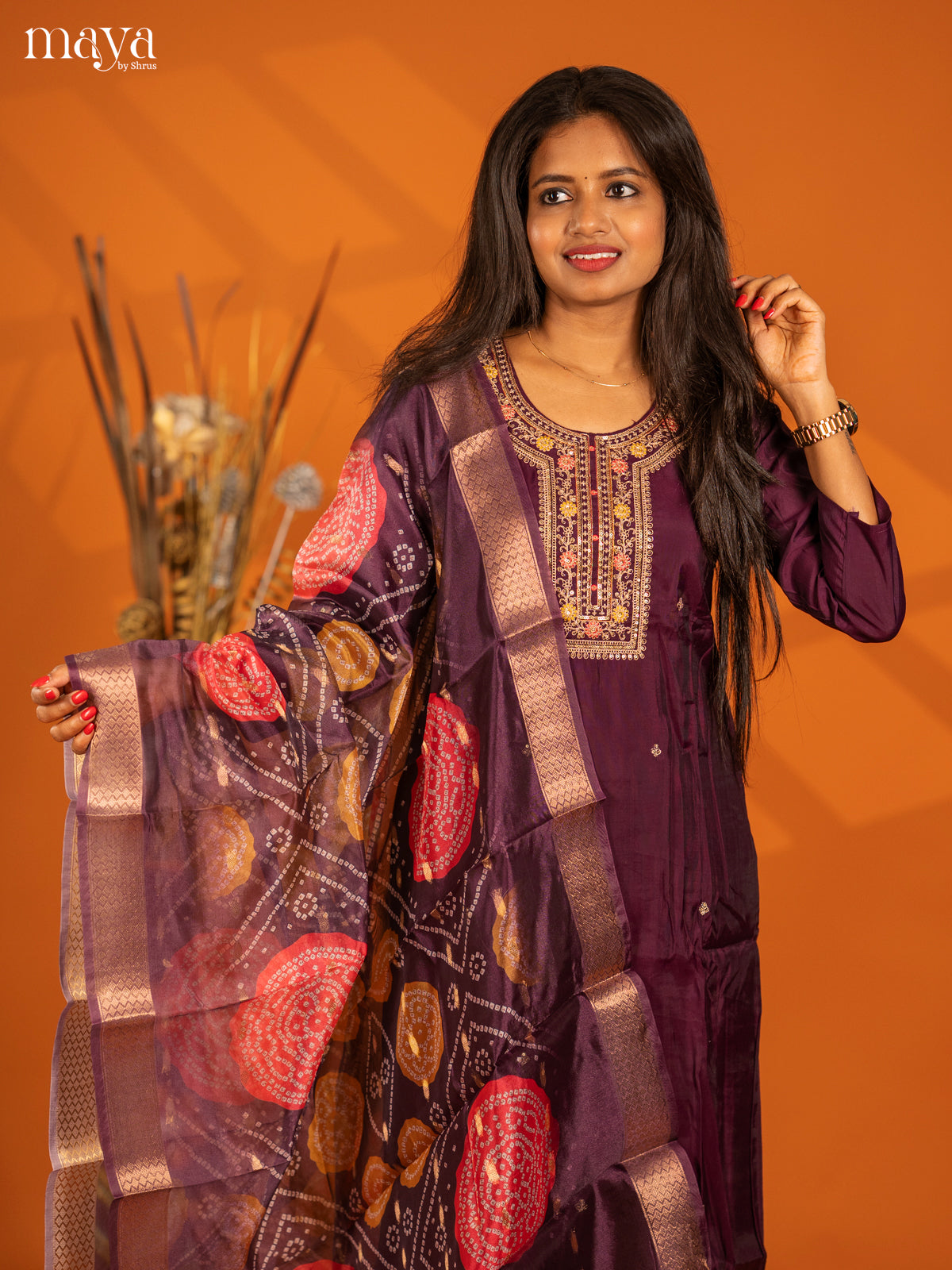 Embroidered Rayon 3pc Dark Purple Salwar Suit - Top, Bottom & Dupatta