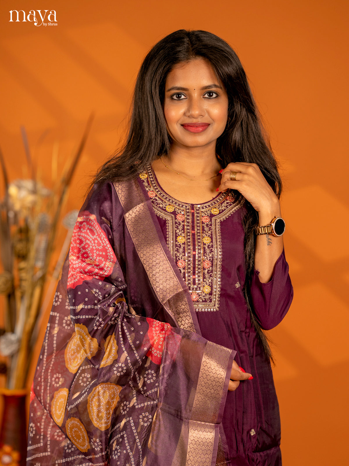 Embroidered Rayon 3pc Dark Purple Salwar Suit - Top, Bottom & Dupatta