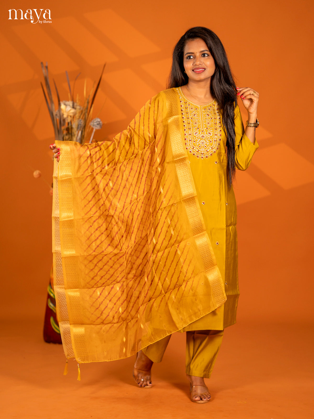 Embroidered Rayon 3pc Mustard Salwar Suit - Top, Bottom & Dupatta