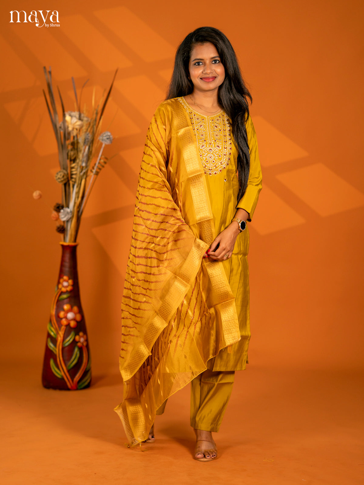 Embroidered Rayon 3pc Mustard Salwar Suit - Top, Bottom & Dupatta
