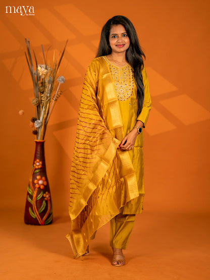Embroidered Rayon 3pc Mustard Salwar Suit - Top, Bottom & Dupatta