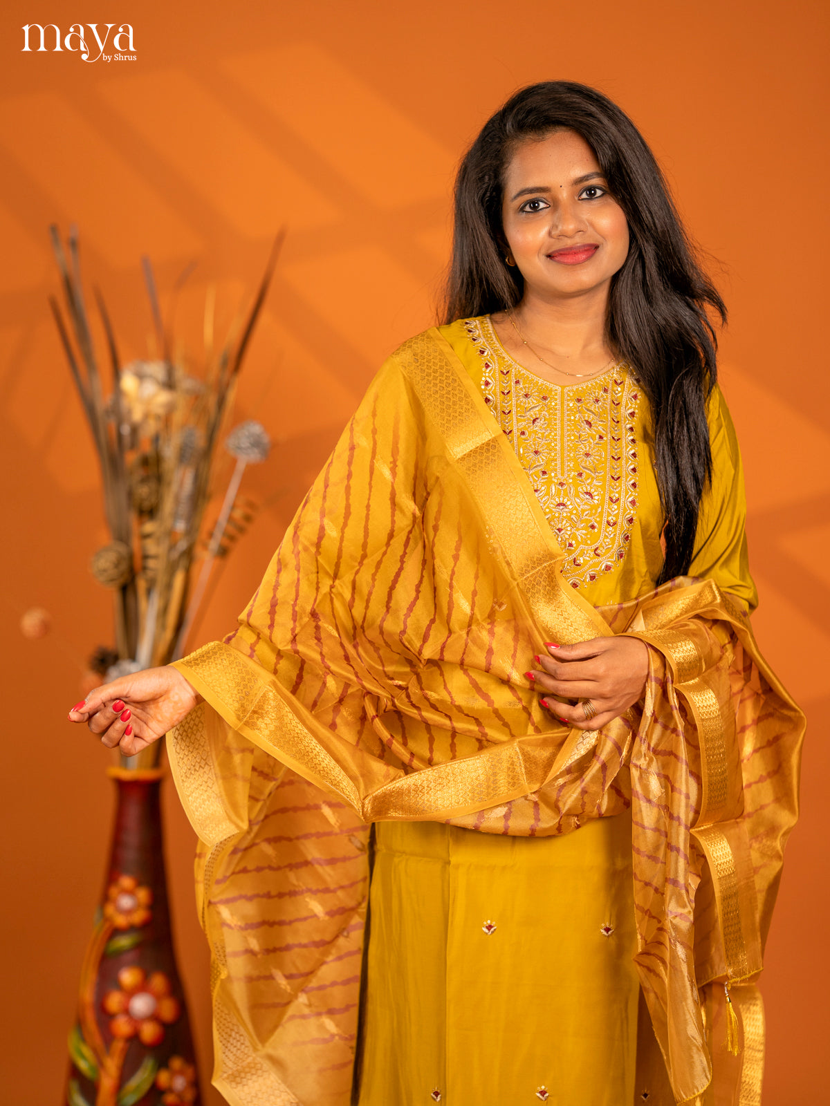 Embroidered Rayon 3pc Mustard Salwar Suit - Top, Bottom & Dupatta