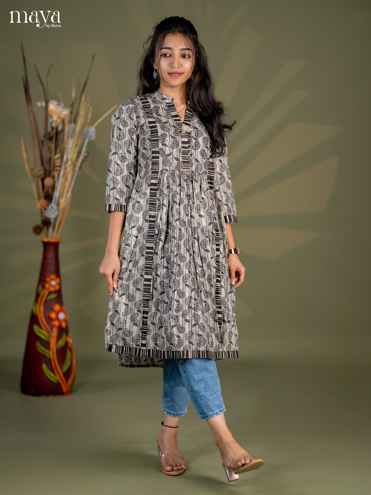 Dark Brown Floral Printed Cotton Umbrella Kurti