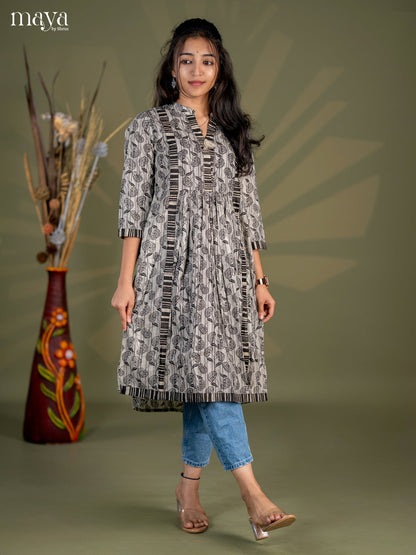 Dark Brown Floral Printed Cotton Umbrella Kurti