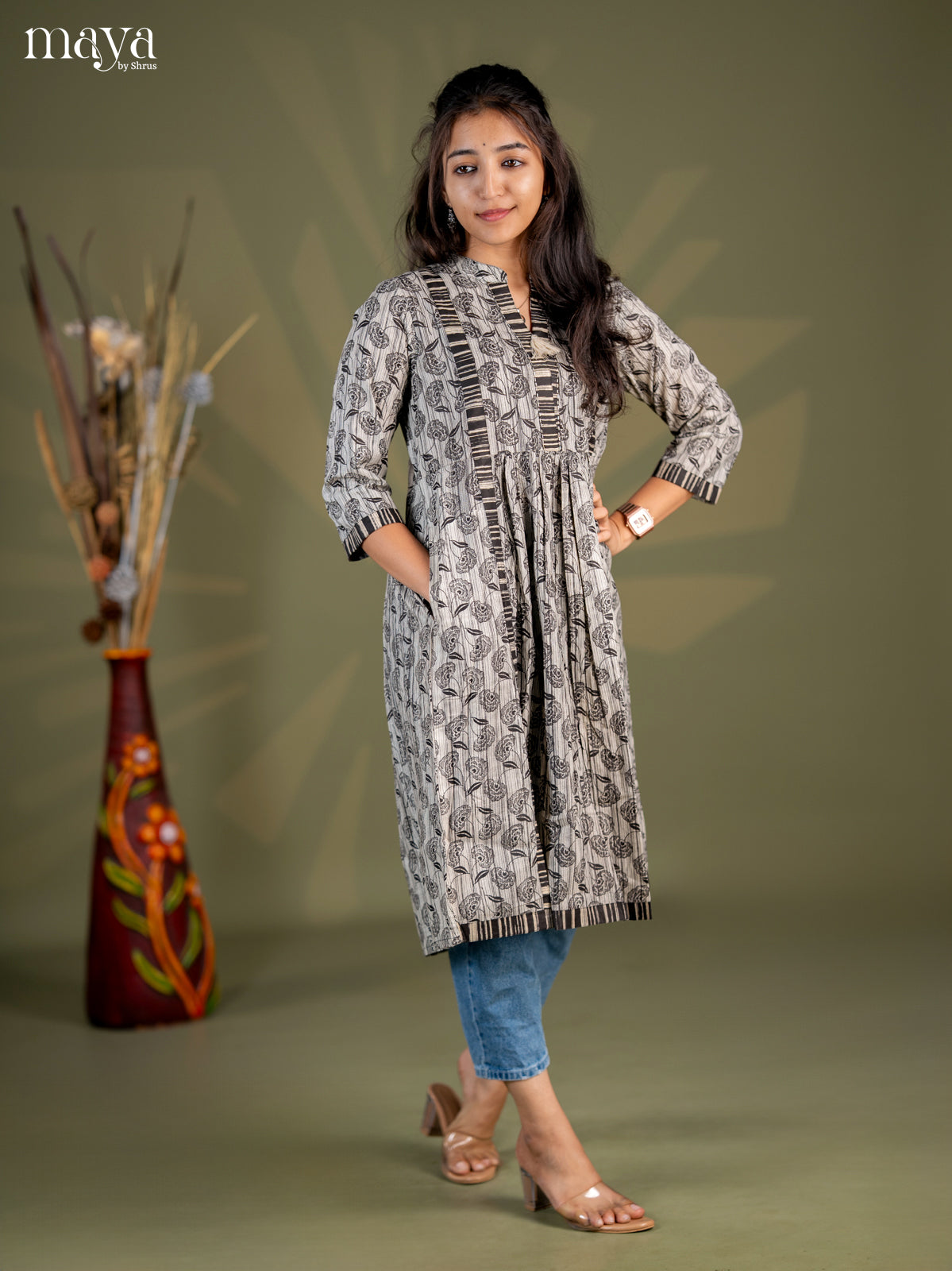 Dark Brown Floral Printed Cotton Umbrella Kurti