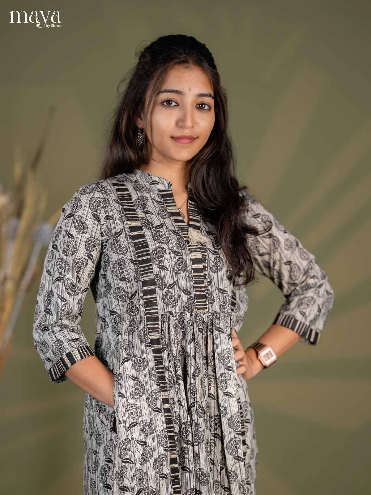 Dark Brown Floral Printed Cotton Umbrella Kurti