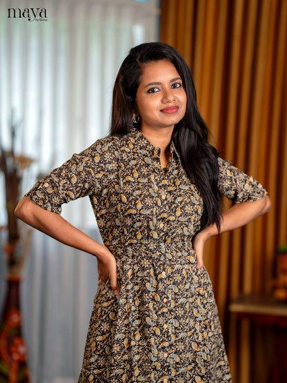 Black Paisley Printed Rayon Anarkali A - Line Kurti