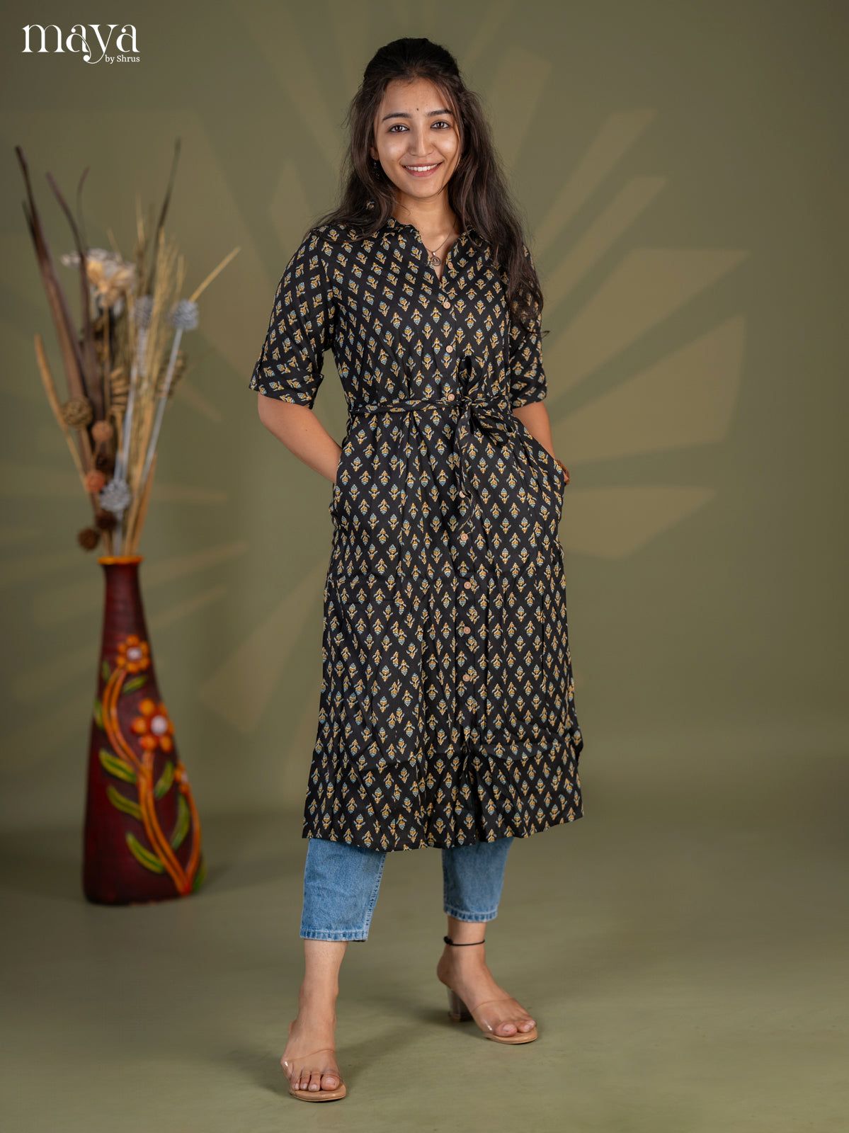 Black Floral Printed Cotton Frock