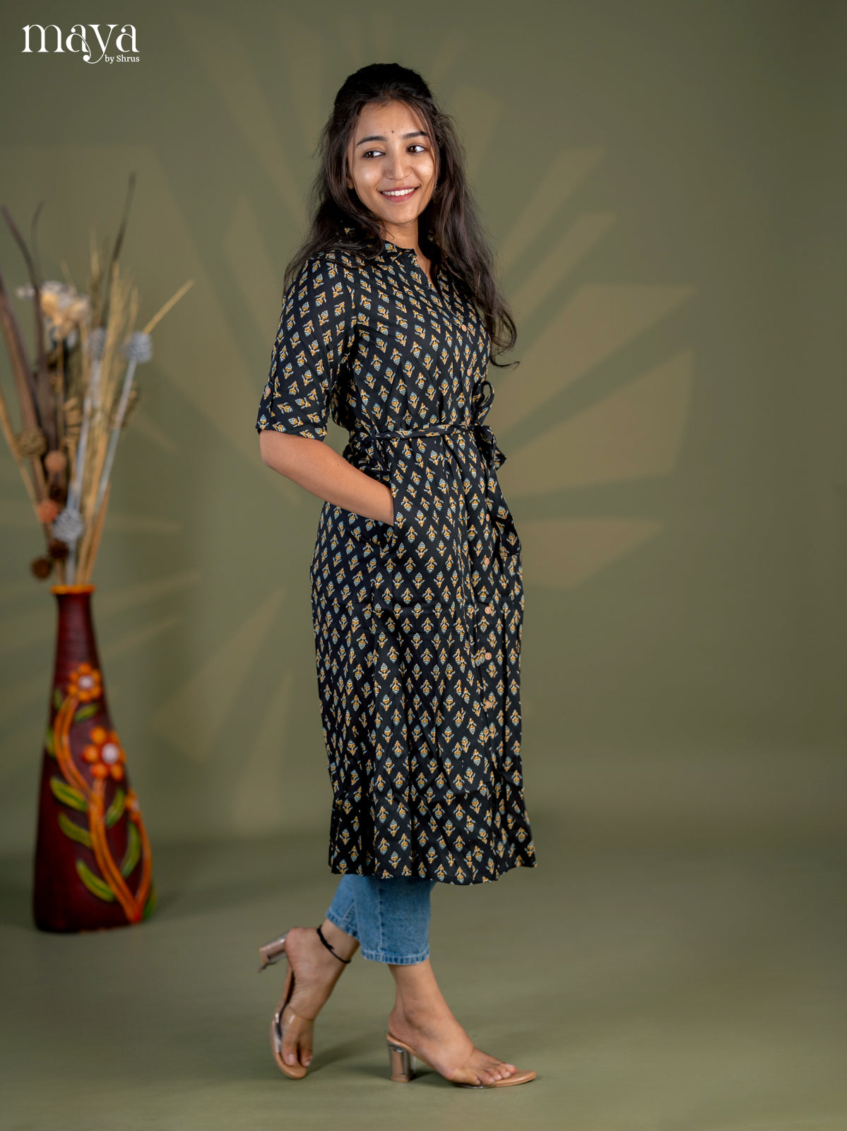 Black Floral Printed Cotton Frock