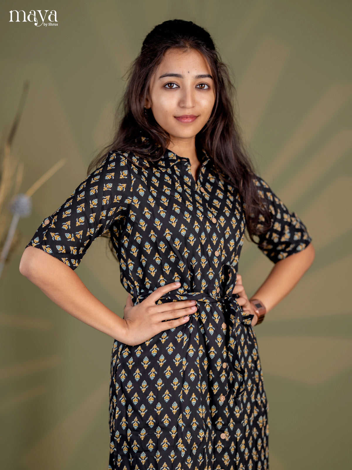 Black Floral Printed Cotton Frock