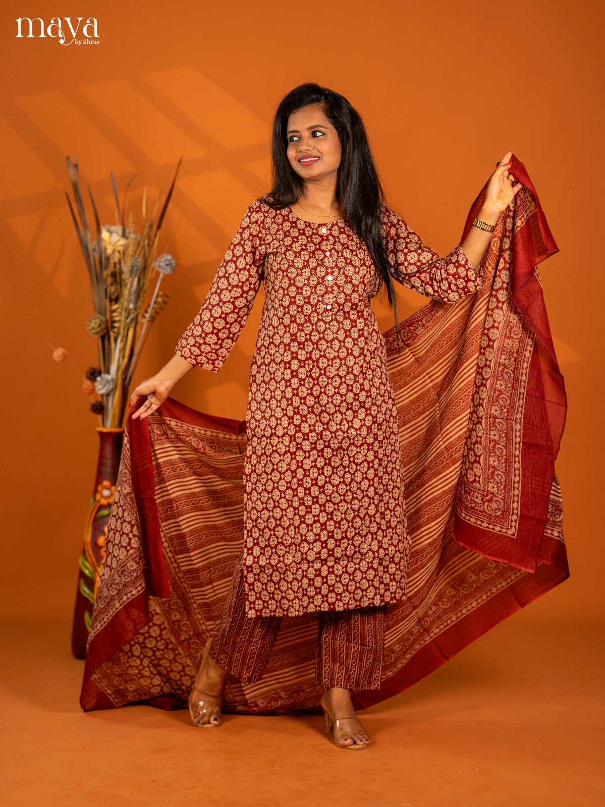 Maroon Cotton 3pc Salwar Suit with Floral Print - Top, Bottom & Dupatta