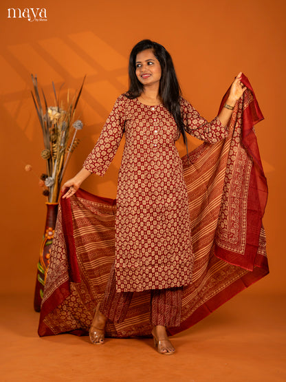Maroon Cotton 3pc Salwar Suit with Floral Print - Top, Bottom & Dupatta