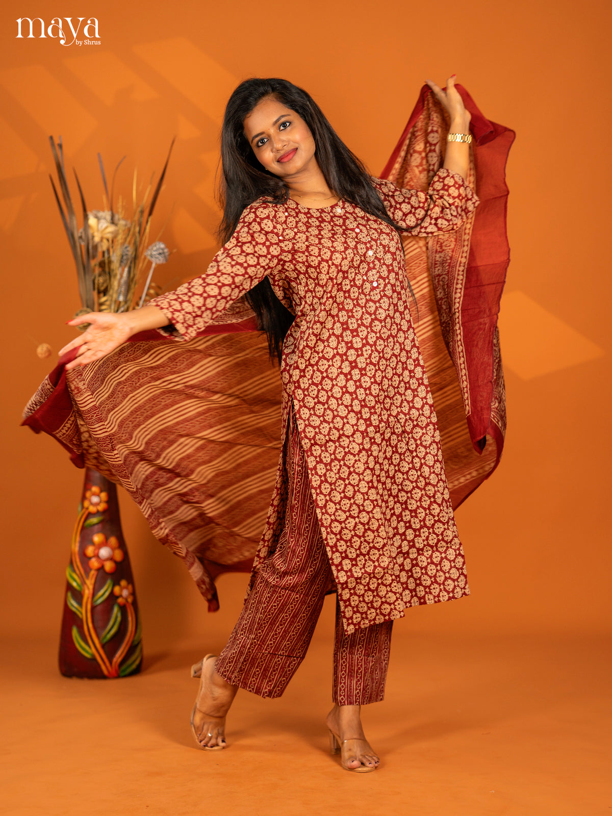 Maroon Cotton 3pc Salwar Suit with Floral Print - Top, Bottom & Dupatta