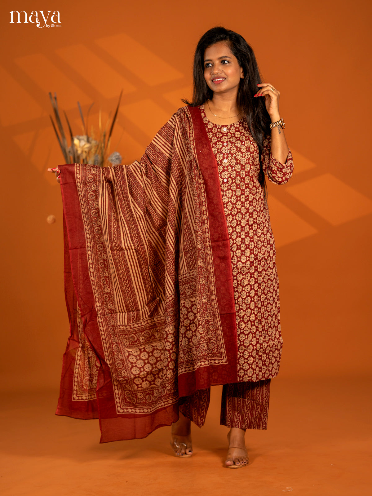Maroon Cotton 3pc Salwar Suit with Floral Print - Top, Bottom & Dupatta