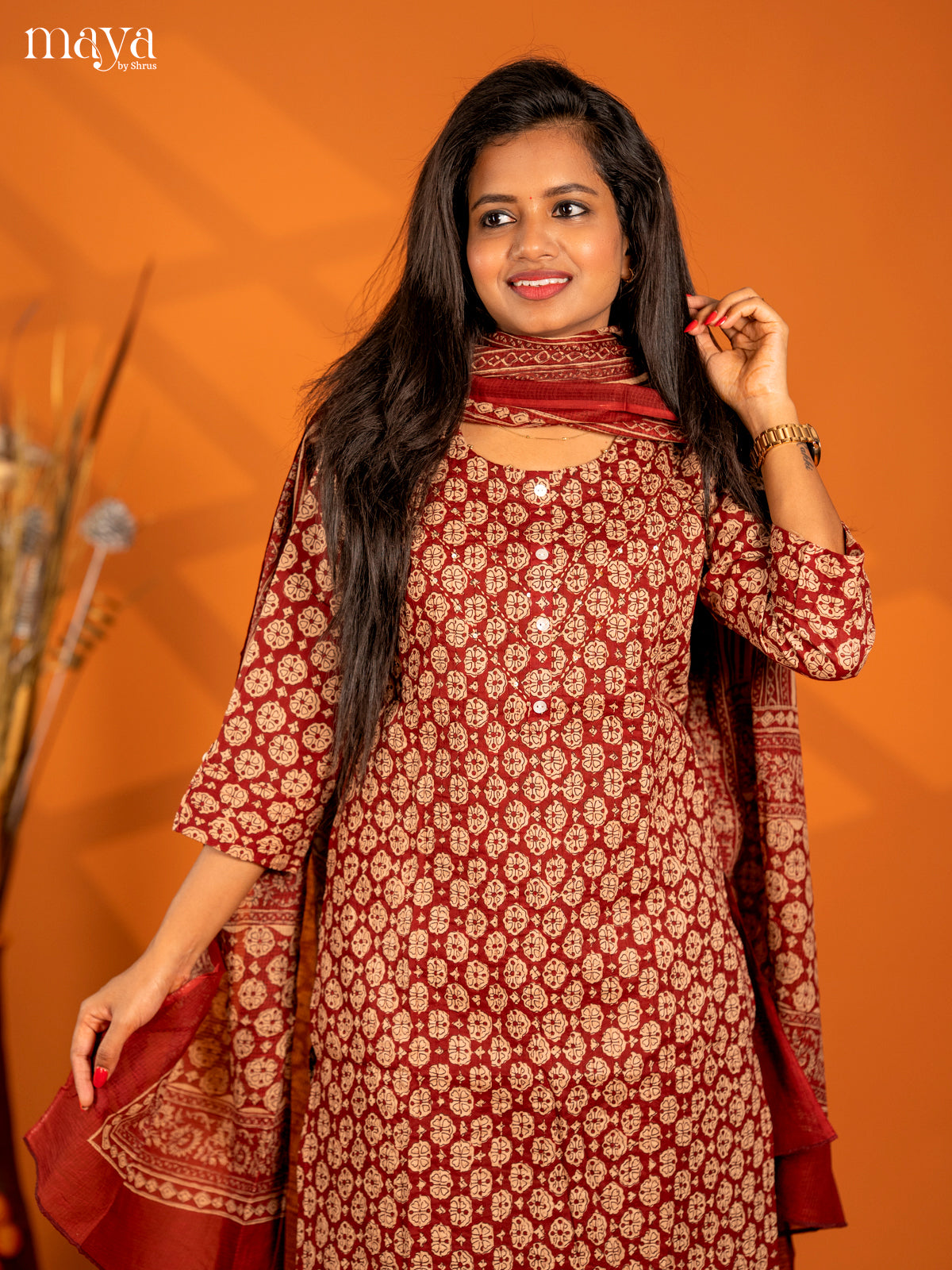 Maroon Cotton 3pc Salwar Suit with Floral Print - Top, Bottom & Dupatta