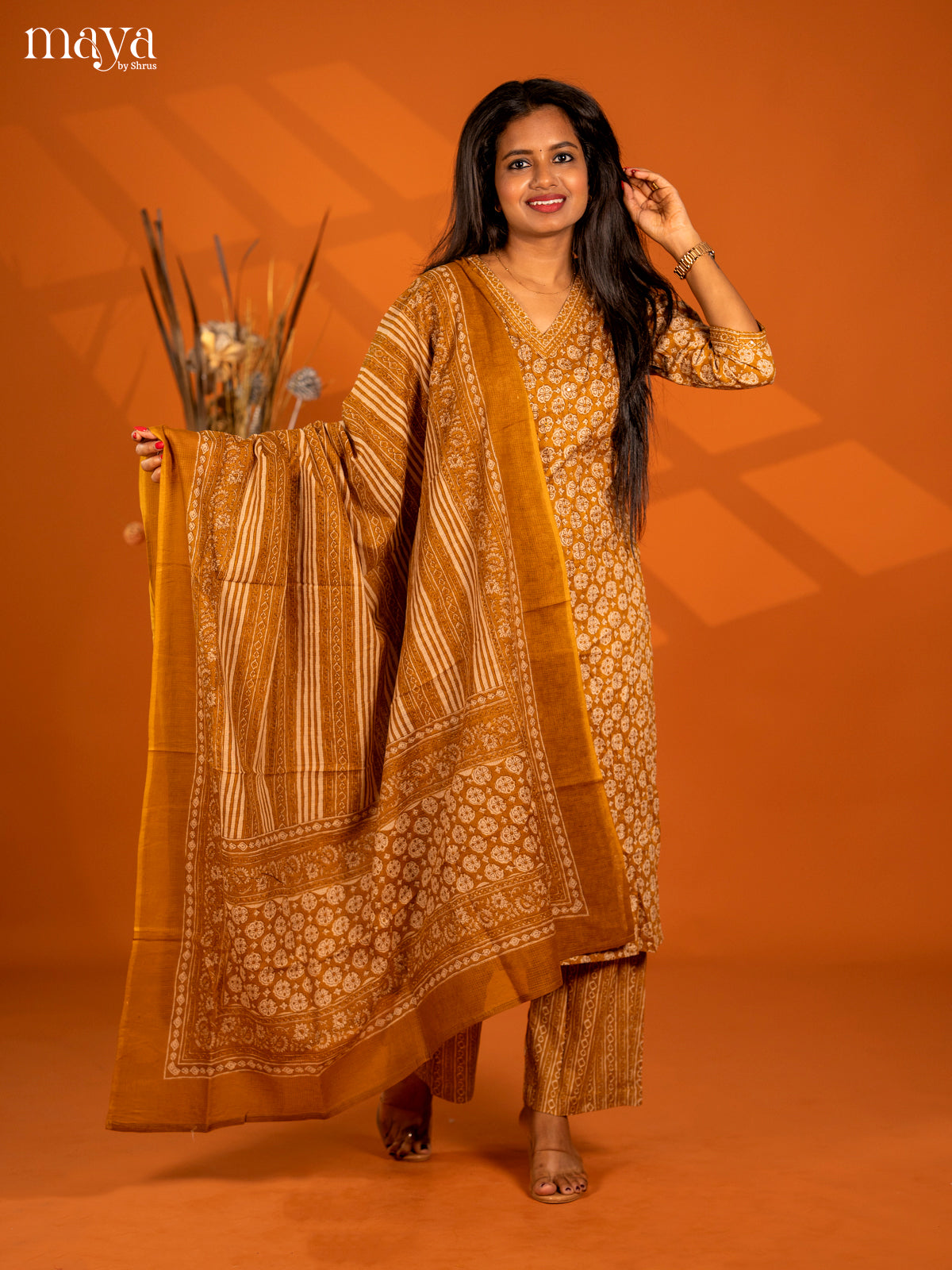 Mustard yellow Cotton 3pc Salwar Suit with Floral Print - Top, Bottom & Dupatta