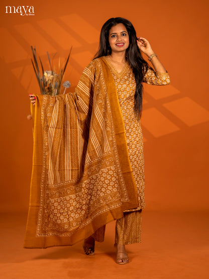 Mustard yellow Cotton 3pc Salwar Suit with Floral Print - Top, Bottom & Dupatta