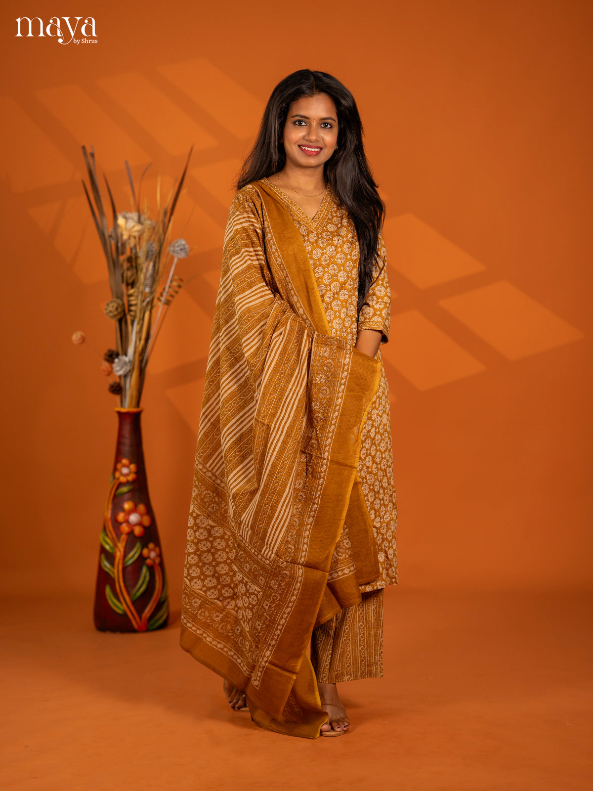 Mustard yellow Cotton 3pc Salwar Suit with Floral Print - Top, Bottom & Dupatta