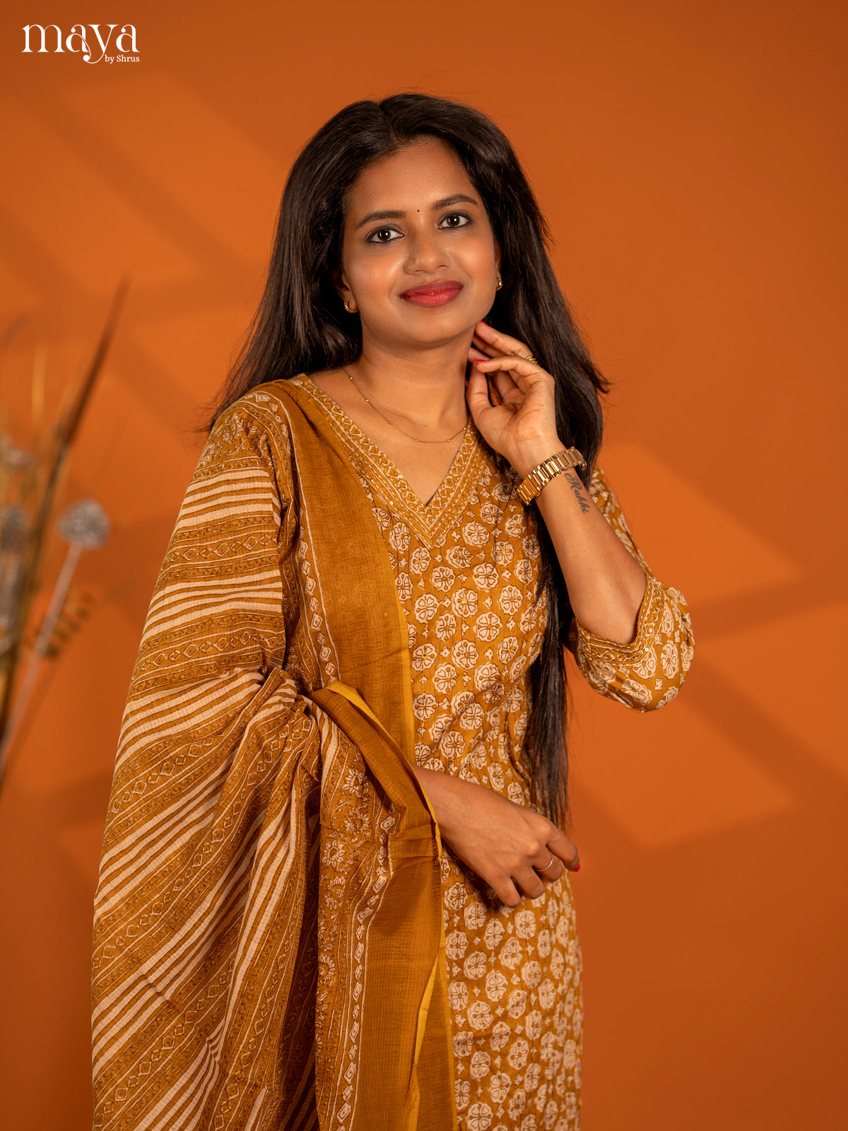 Mustard yellow Cotton 3pc Salwar Suit with Floral Print - Top, Bottom & Dupatta