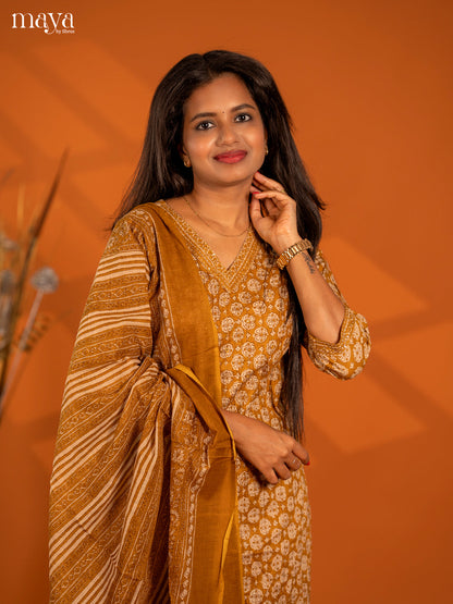 Mustard yellow Cotton 3pc Salwar Suit with Floral Print - Top, Bottom & Dupatta