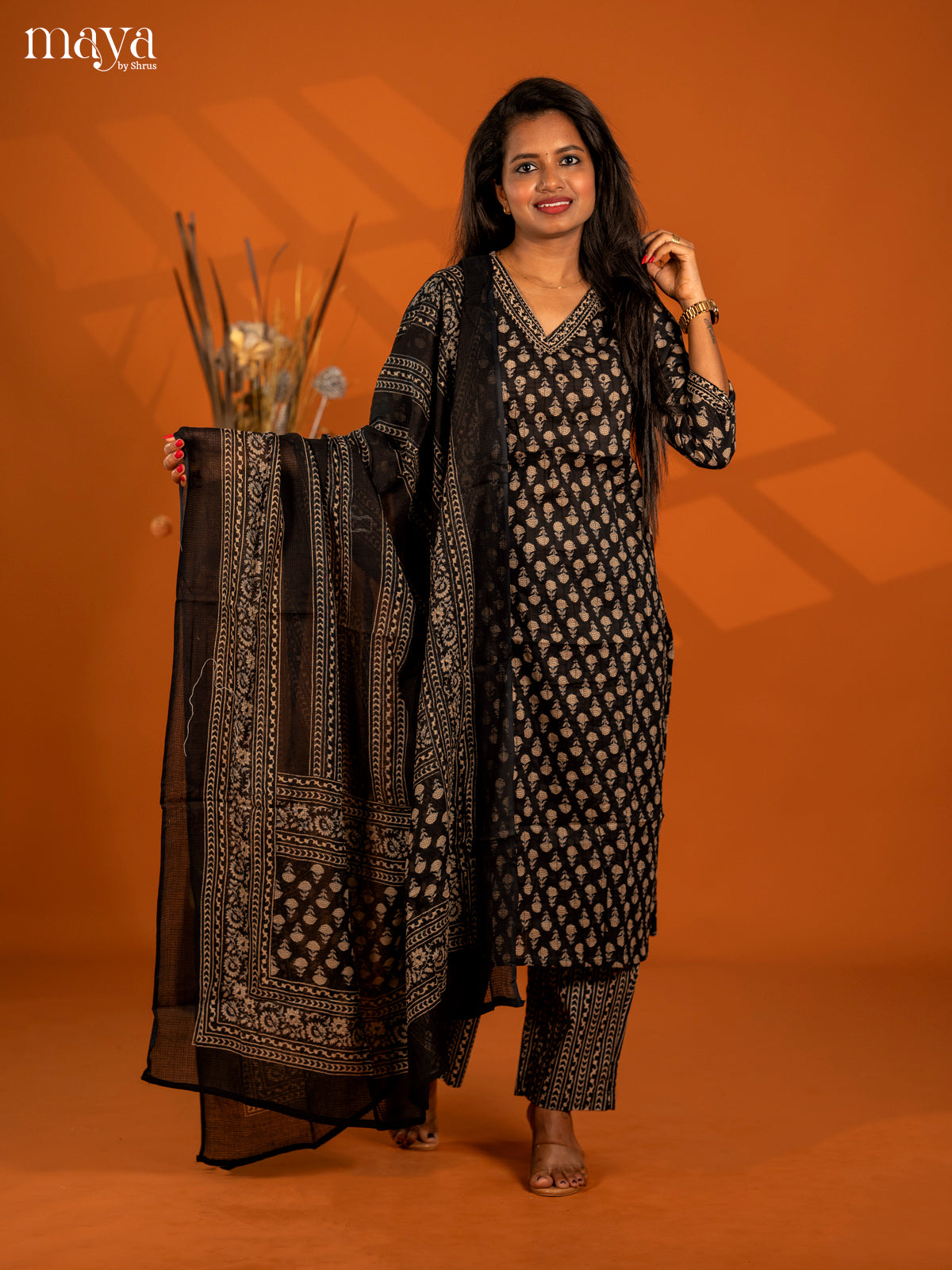Black Cotton 3pc Salwar Suit with Floral Print - Top, Bottom & Dupatta