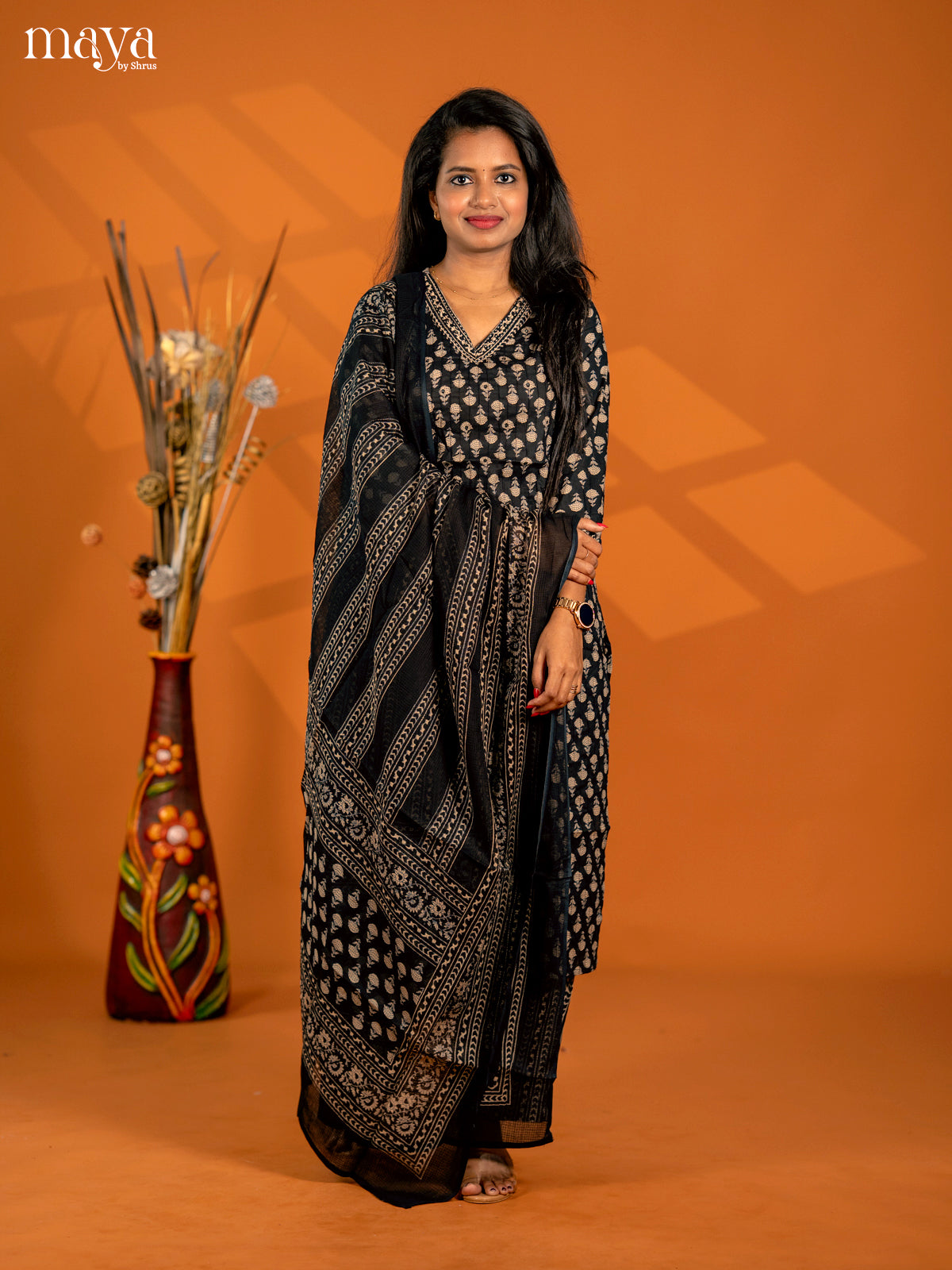 Black Cotton 3pc Salwar Suit with Floral Print - Top, Bottom & Dupatta