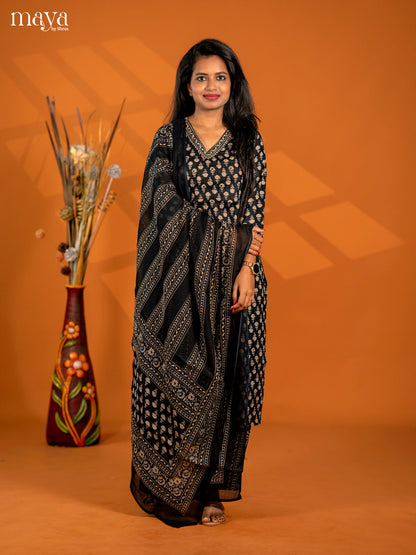 Black Cotton 3pc Salwar Suit with Floral Print - Top, Bottom & Dupatta