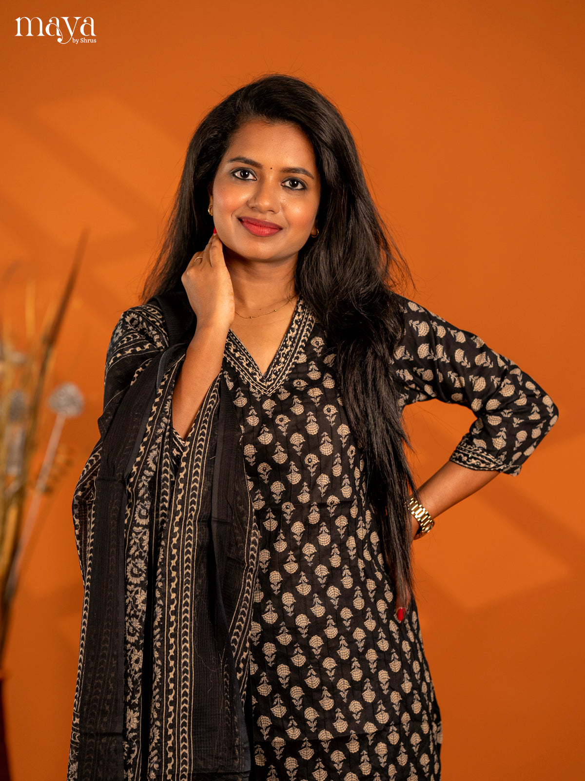 Black Cotton 3pc Salwar Suit with Floral Print - Top, Bottom & Dupatta
