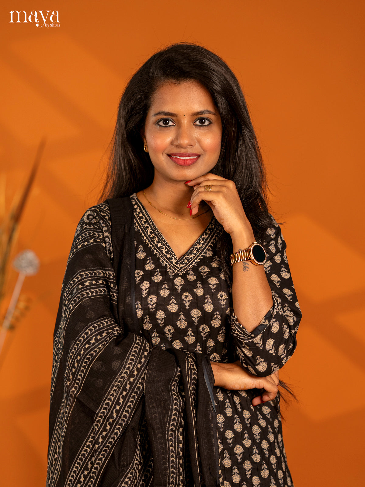 Black Cotton 3pc Salwar Suit with Floral Print - Top, Bottom & Dupatta