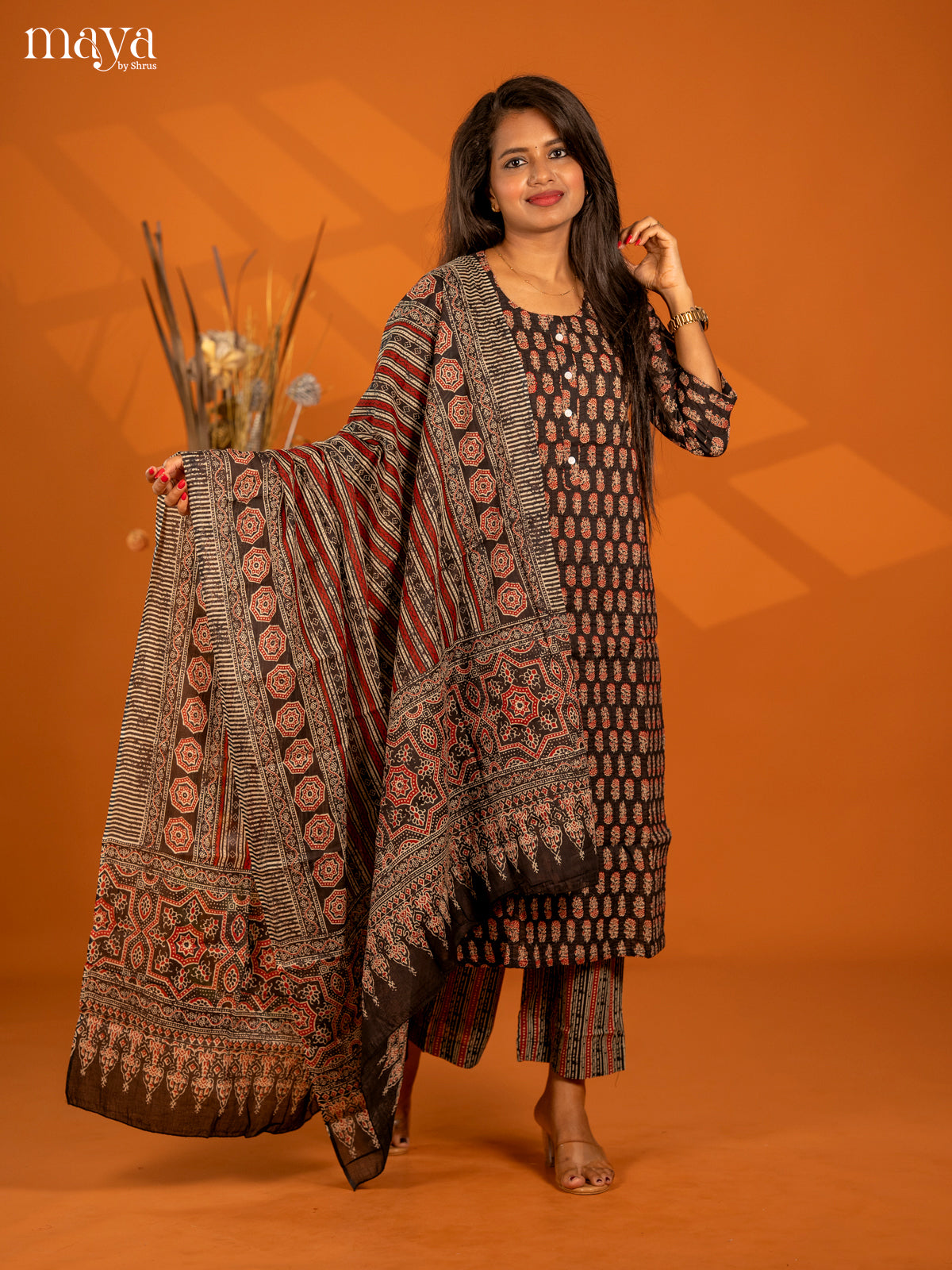 Black Cotton 3pc Salwar Suit with Floral Print - Top, Bottom & Dupatta