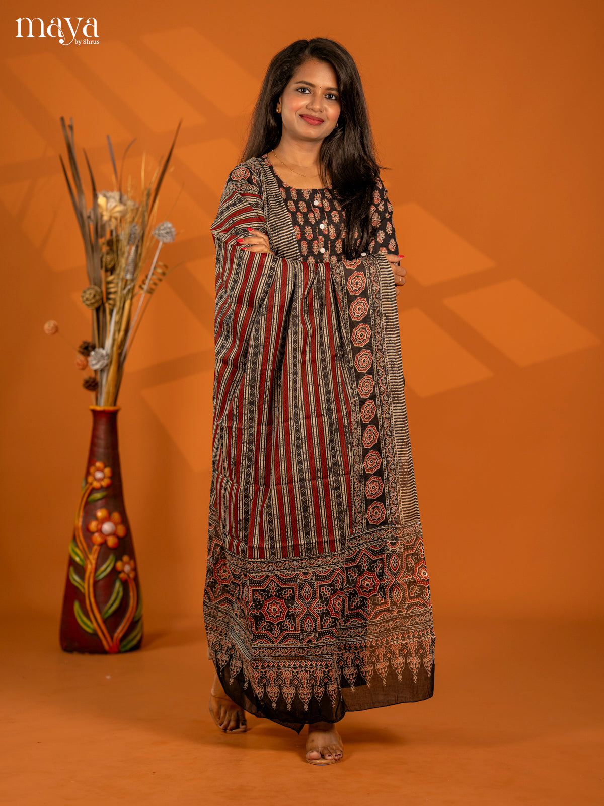 Black Cotton 3pc Salwar Suit with Floral Print - Top, Bottom & Dupatta
