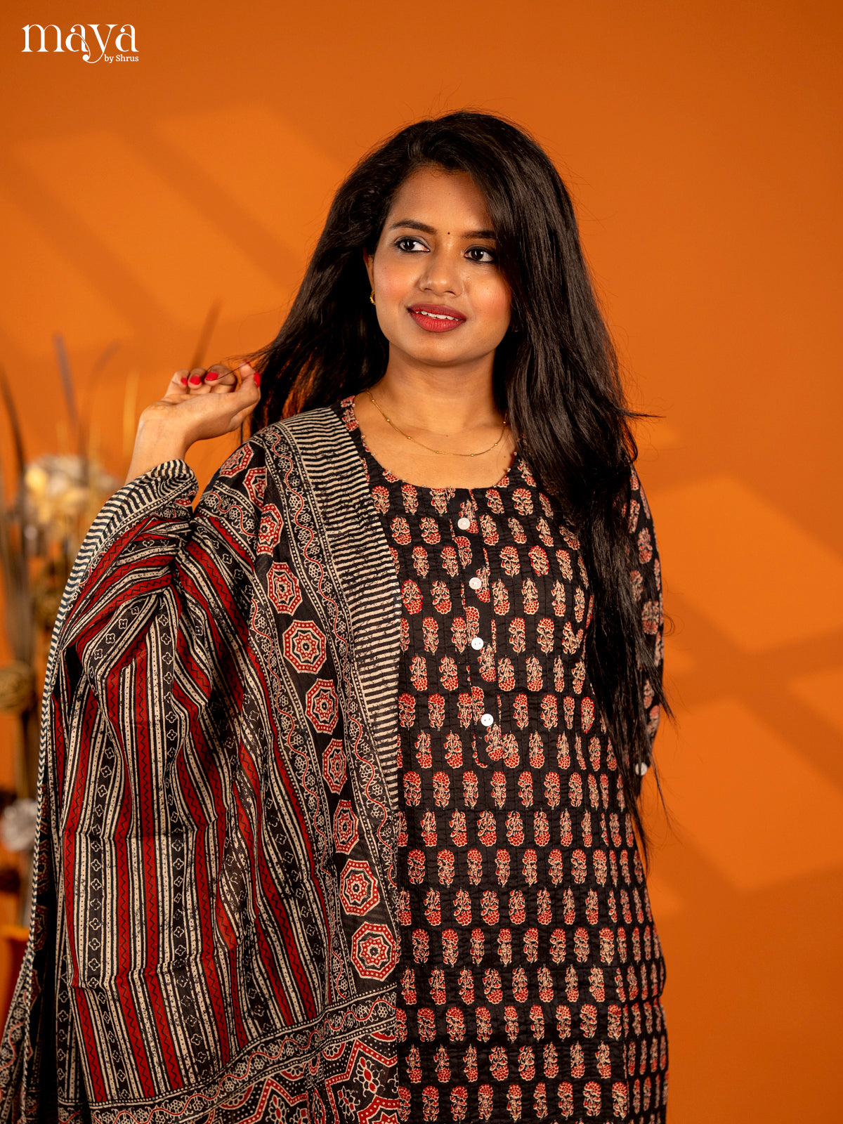 Black Cotton 3pc Salwar Suit with Floral Print - Top, Bottom & Dupatta