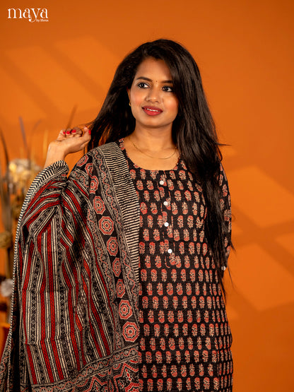 Black Cotton 3pc Salwar Suit with Floral Print - Top, Bottom & Dupatta