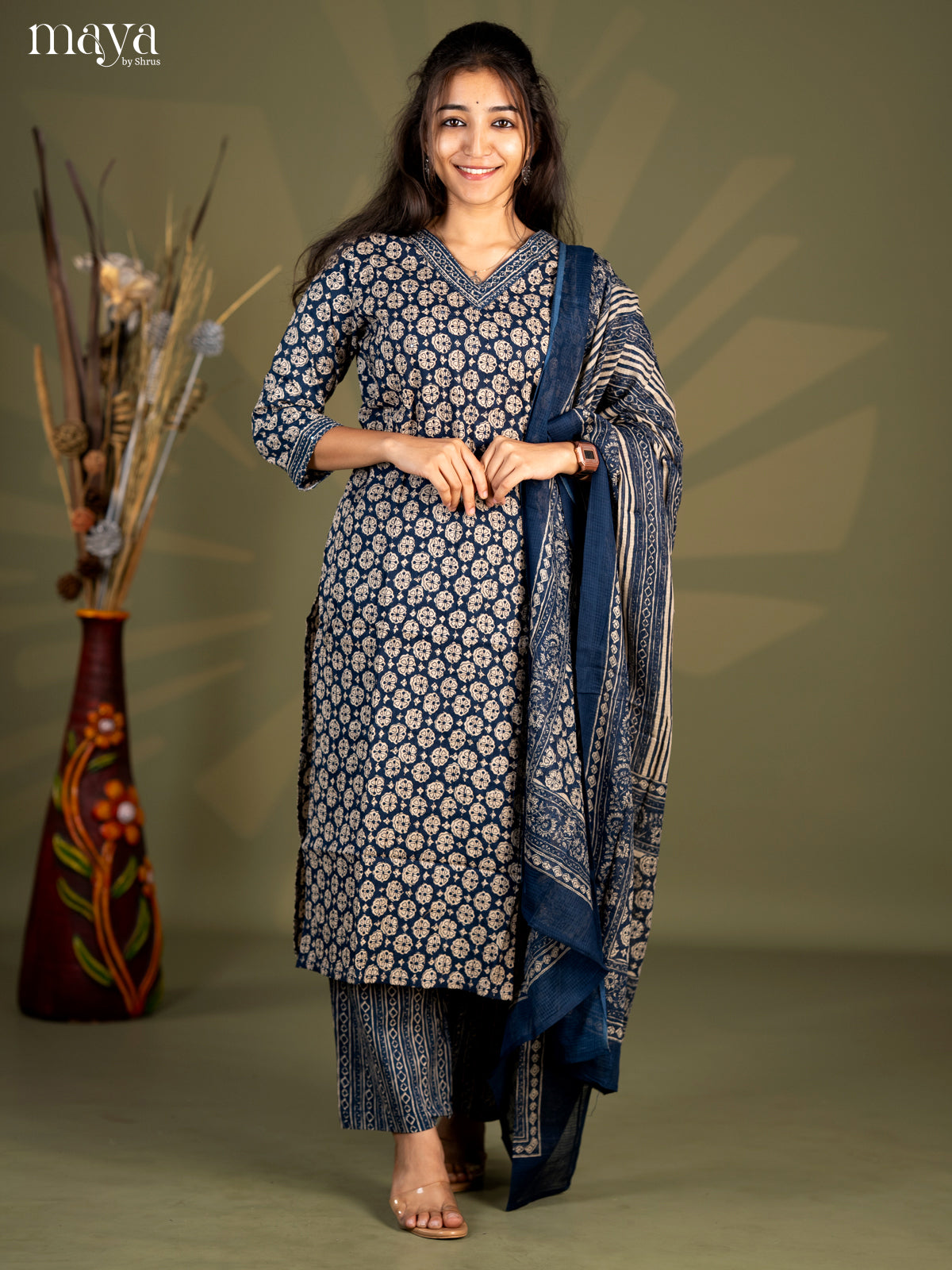 Peacock Blue Cotton 3pc Salwar Suit with Floral Print - Top, Bottom & Dupatta