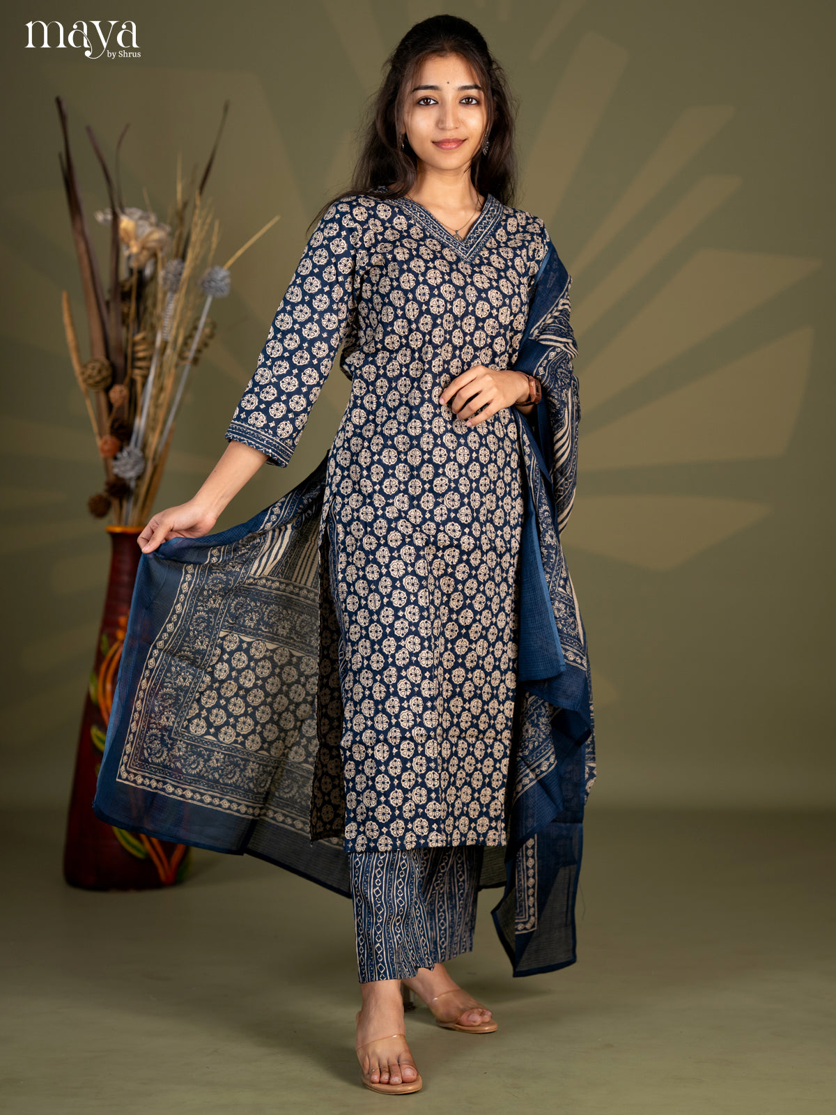 Peacock Blue Cotton 3pc Salwar Suit with Floral Print - Top, Bottom & Dupatta