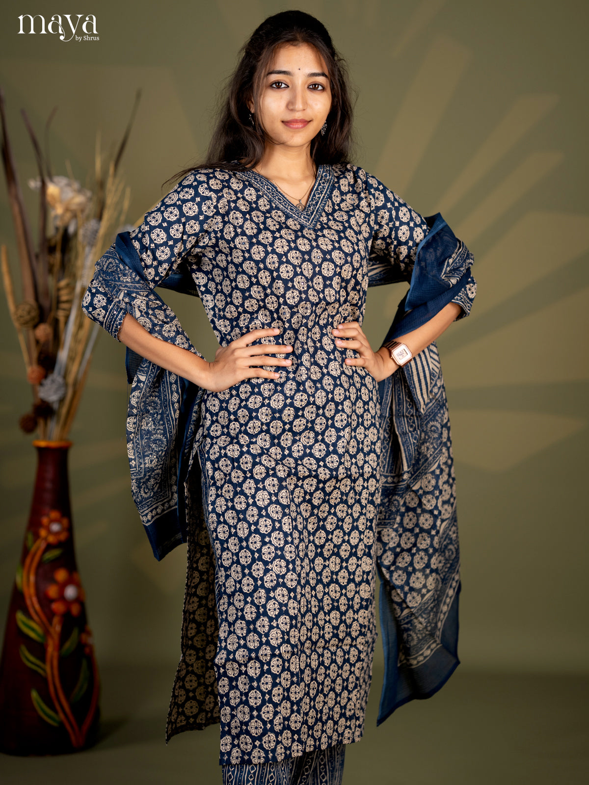 Peacock Blue Cotton 3pc Salwar Suit with Floral Print - Top, Bottom & Dupatta