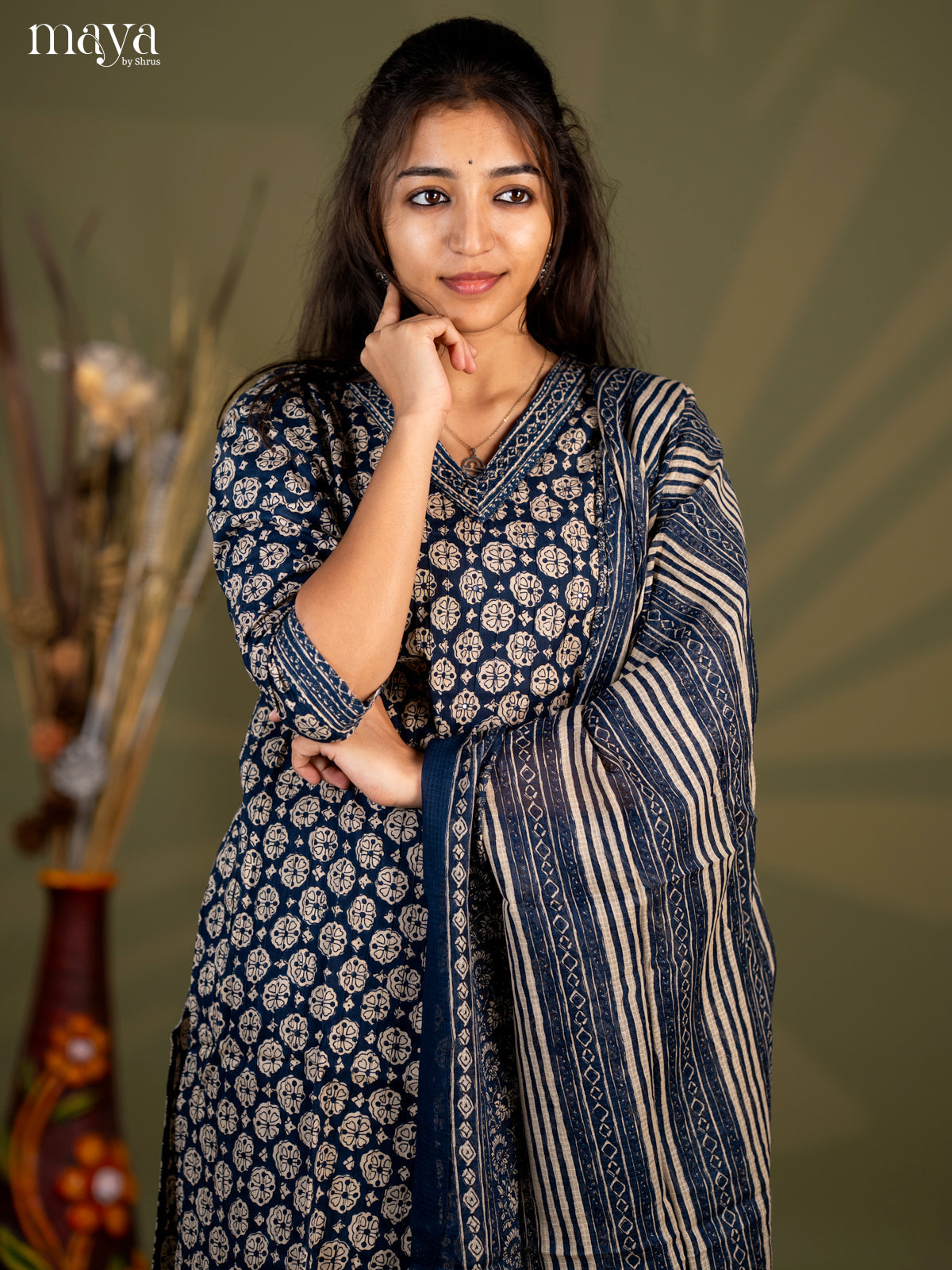 Peacock Blue Cotton 3pc Salwar Suit with Floral Print - Top, Bottom & Dupatta