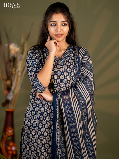 Peacock Blue Cotton 3pc Salwar Suit with Floral Print - Top, Bottom & Dupatta
