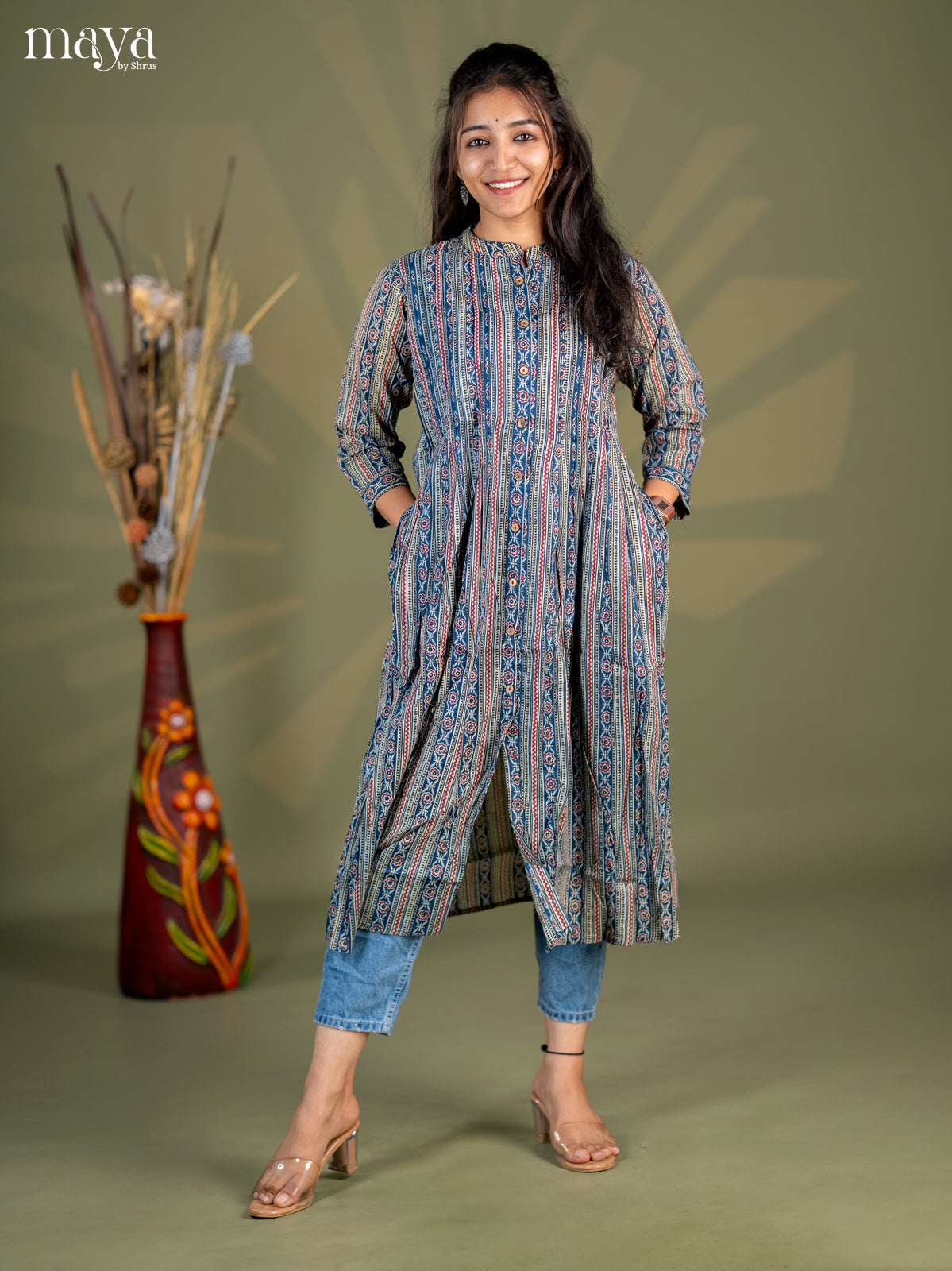 Peacock Blue with Maroon Geometric Cotton Anarkali A - Line Kurti