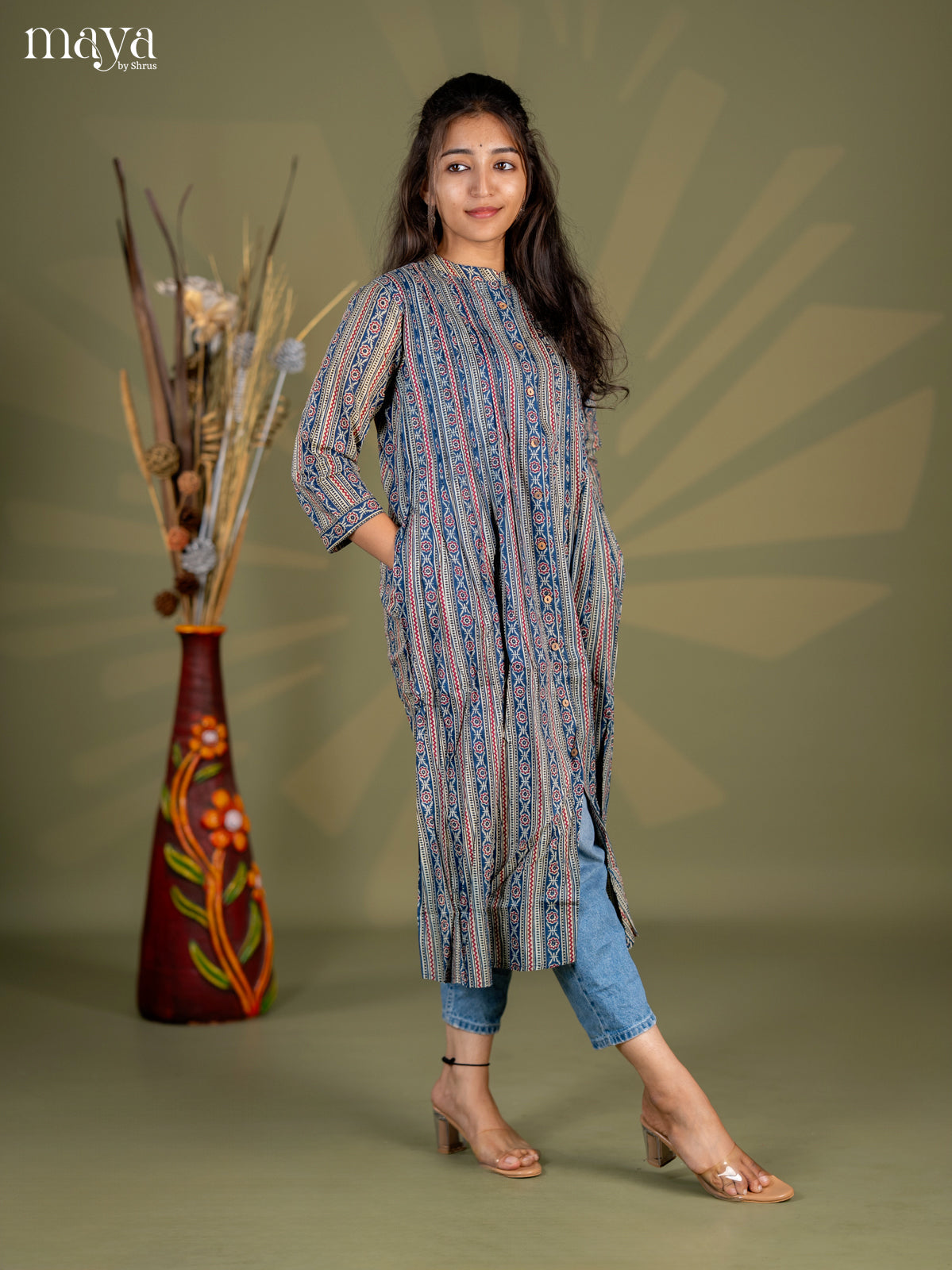 Peacock Blue with Maroon Geometric Cotton Anarkali A - Line Kurti