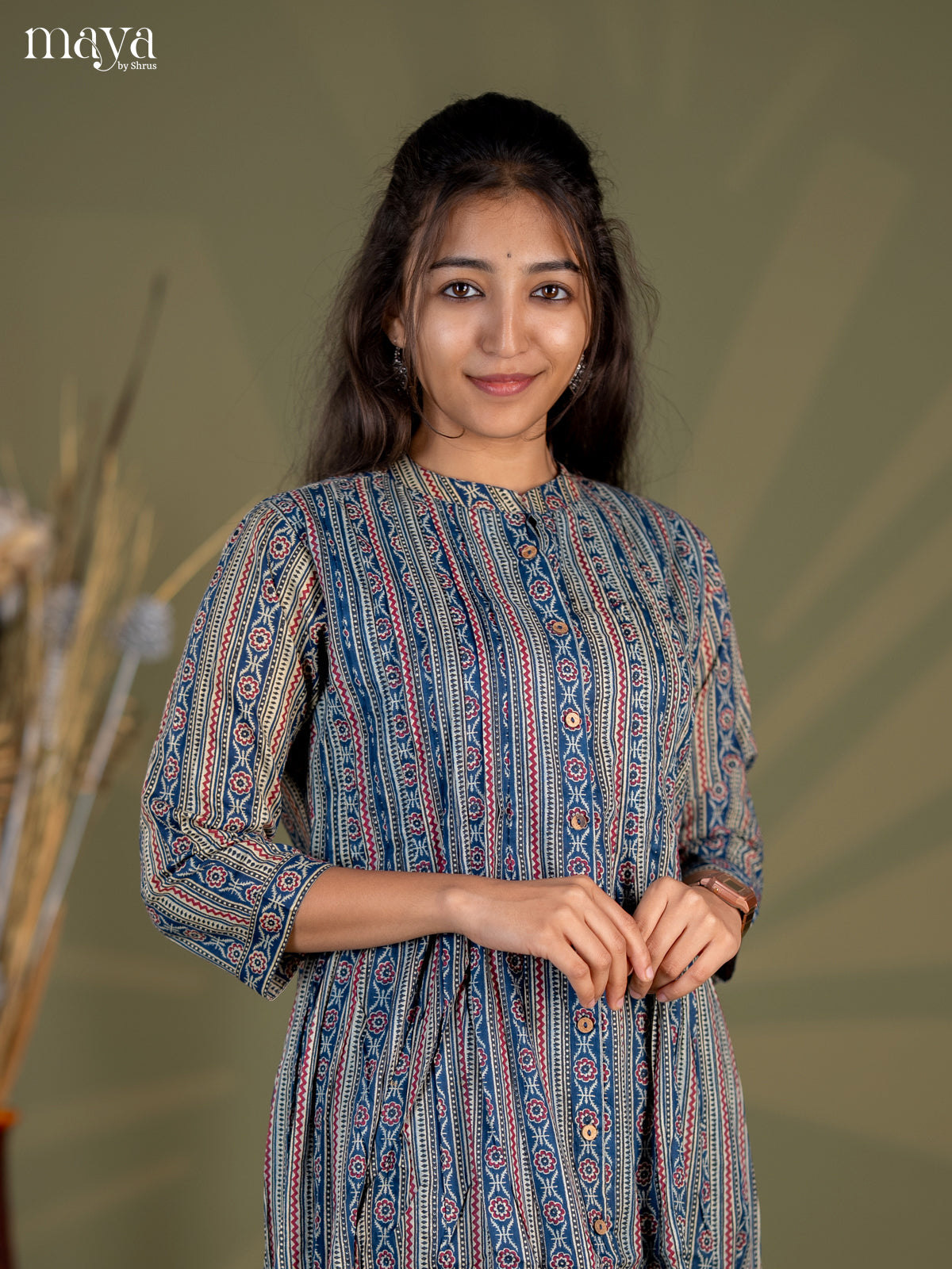 Peacock Blue with Maroon Geometric Cotton Anarkali A - Line Kurti