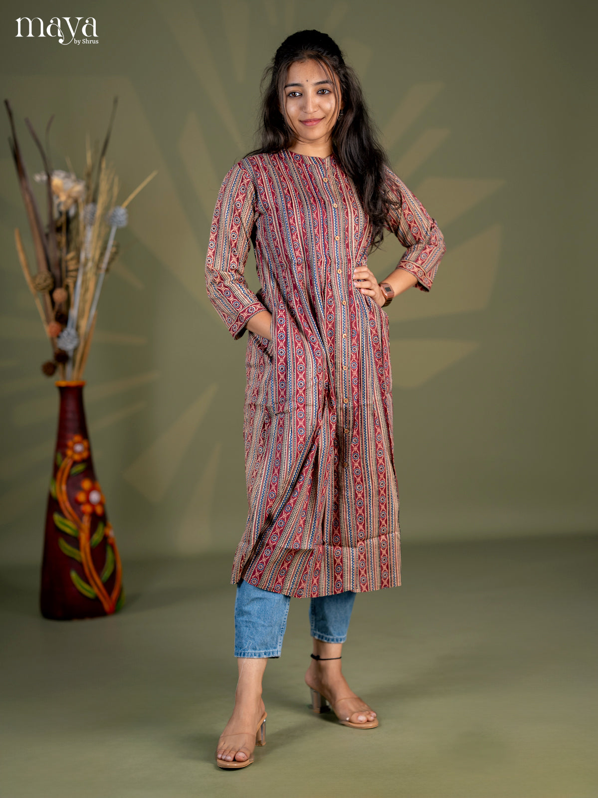 Beige with Maroon Geometric Cotton Anarkali A - Line Kurti