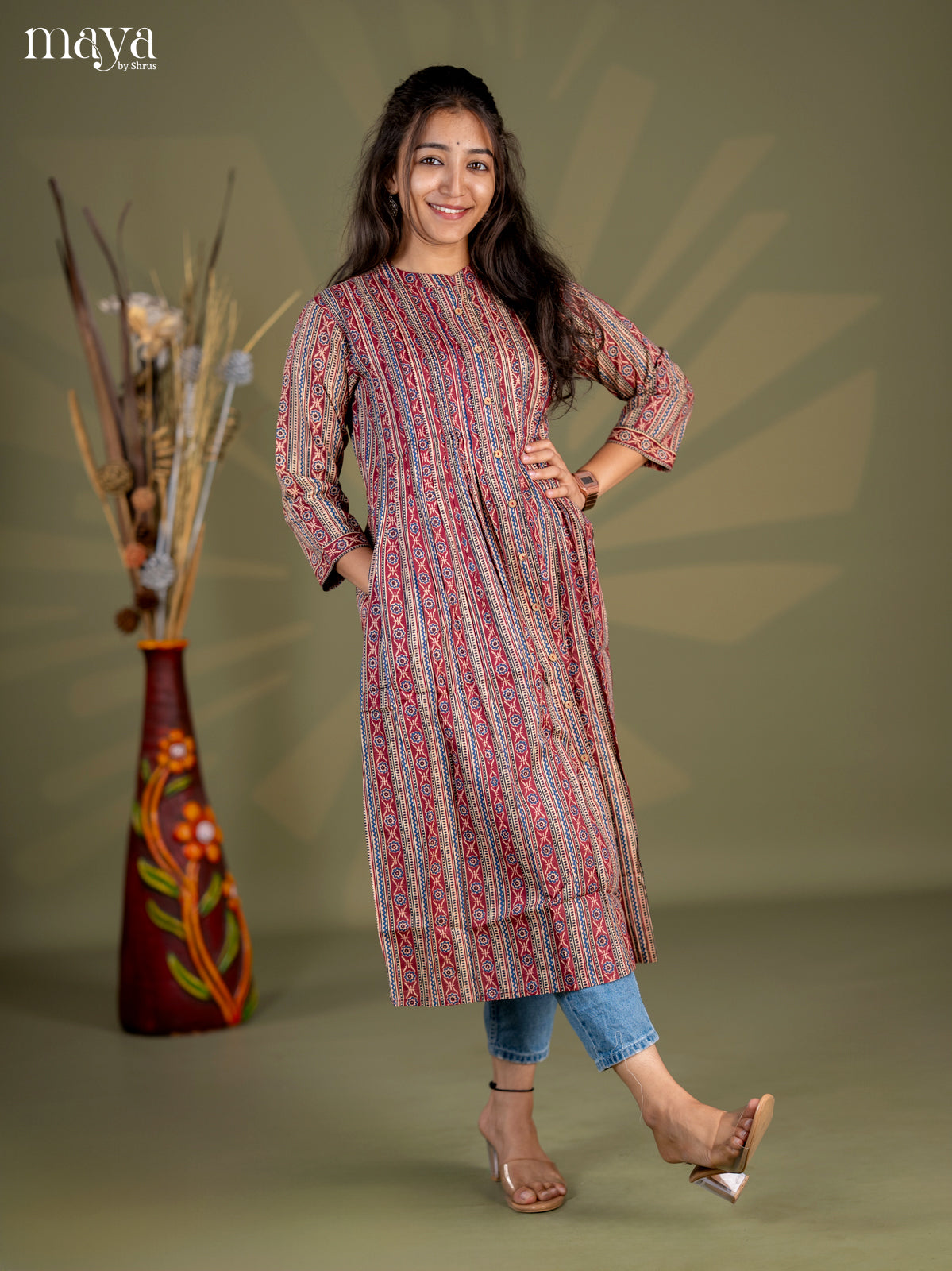 Beige with Maroon Geometric Cotton Anarkali A - Line Kurti