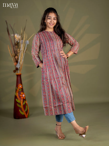 Beige with Maroon Geometric Cotton Anarkali A - Line Kurti