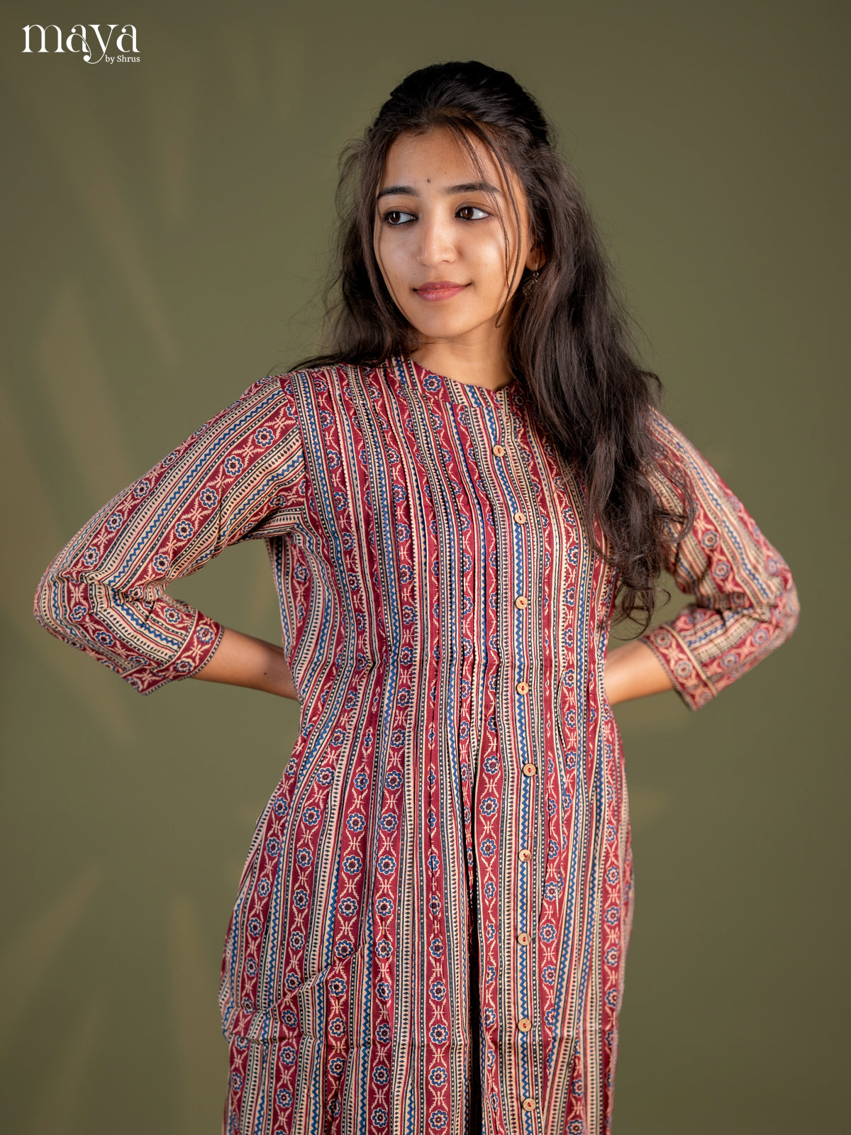 Beige with Maroon Geometric Cotton Anarkali A - Line Kurti