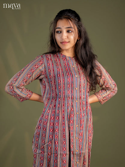 Beige with Maroon Geometric Cotton Anarkali A - Line Kurti