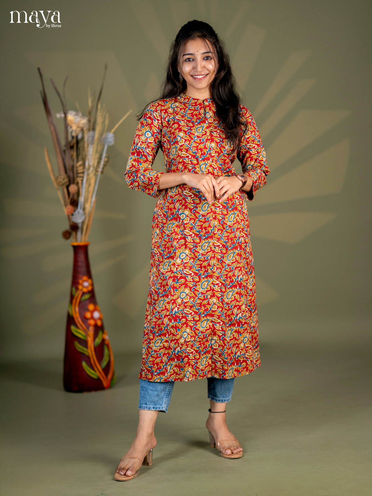 Red Kalamkari Printed Cotton A- Line Kurti