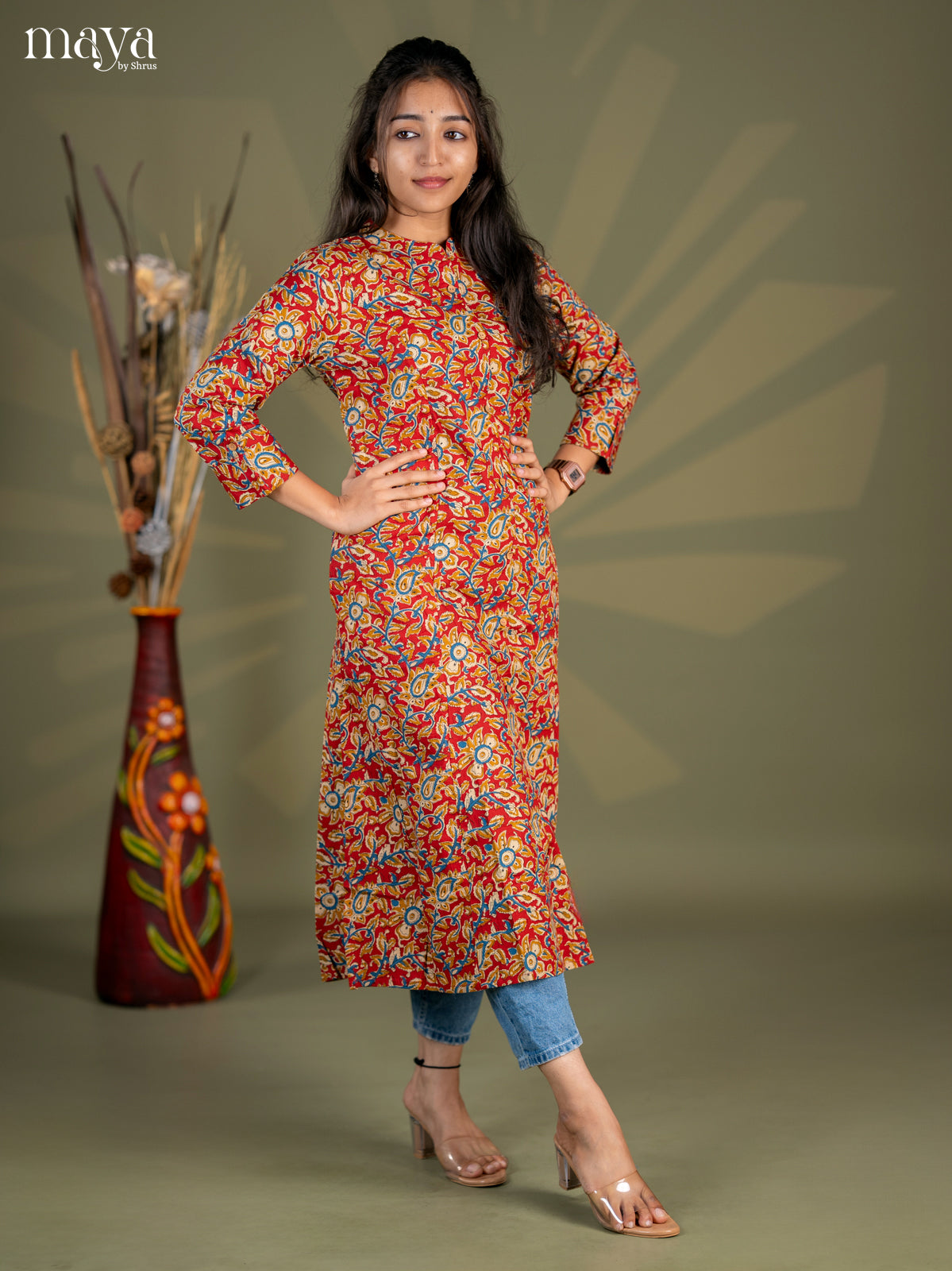 Red Kalamkari Printed Cotton A- Line Kurti